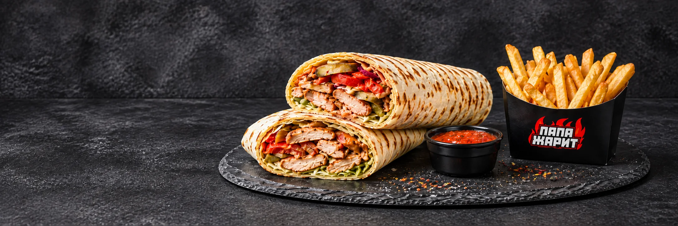 Шаурма с курицей, картофель фри в упаковке Папа Жарит и соус